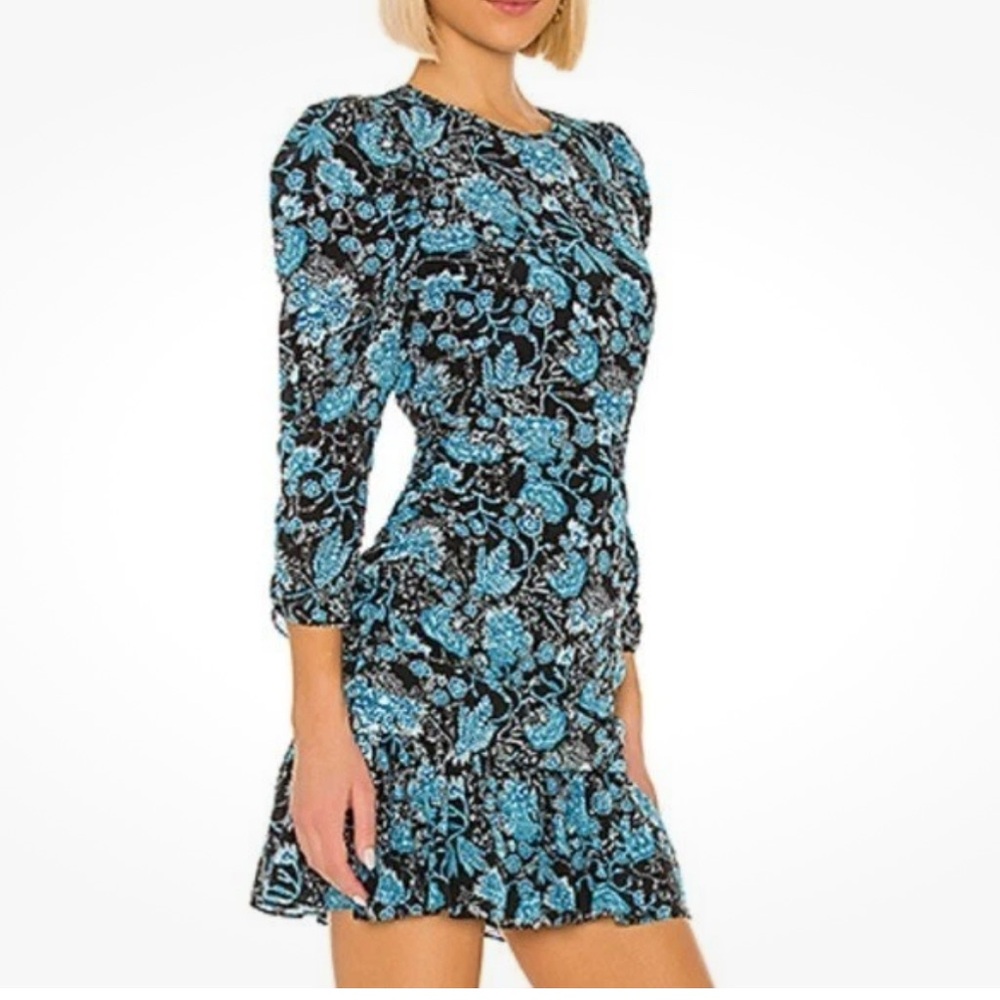 TANYA TAYLOR Raven Dress Floral Silk Ruched Blue Black Size 10